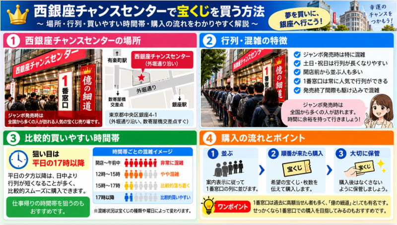 西銀座チャンスセンター1番窓口の行列と比較的買いやすい時間帯の図解